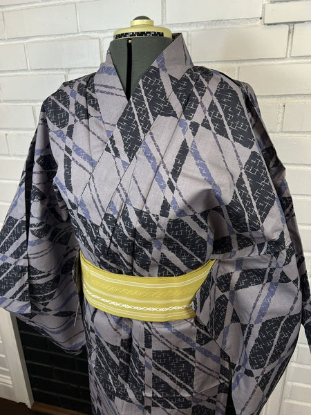 Men's Japanese Yukata 3pc Set: Gray Kasuri Cotton Kimono with Mustard Obi