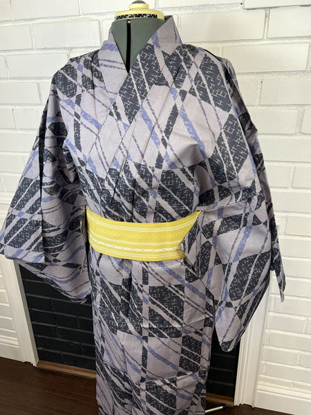 Men's Japanese Yukata 3pc Set: Gray Kasuri Cotton Kimono with Mustard Obi
