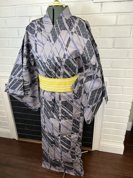 Men's Japanese Yukata 3pc Set: Gray Kasuri Cotton Kimono with Mustard Obi