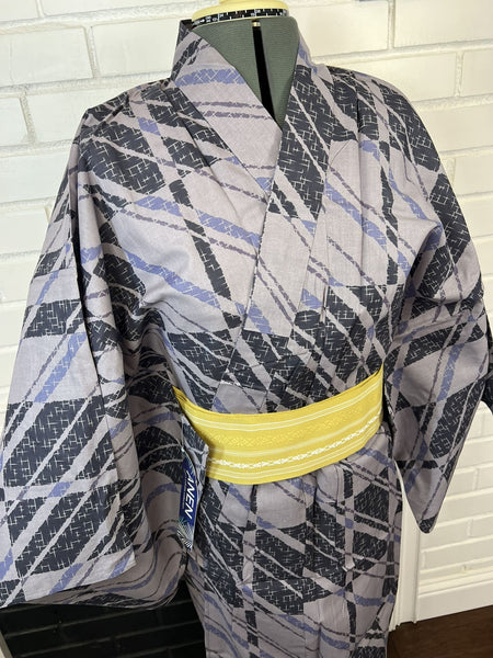Men's Japanese Yukata 3pc Set: Gray Kasuri Cotton Kimono with Mustard Obi