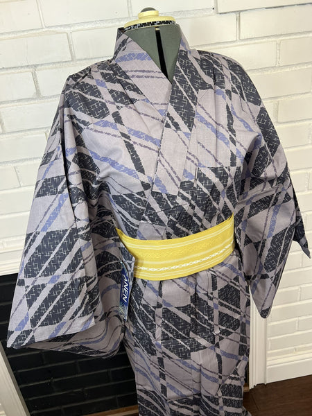 Men's Japanese Yukata 3pc Set: Gray Kasuri Cotton Kimono with Mustard Obi