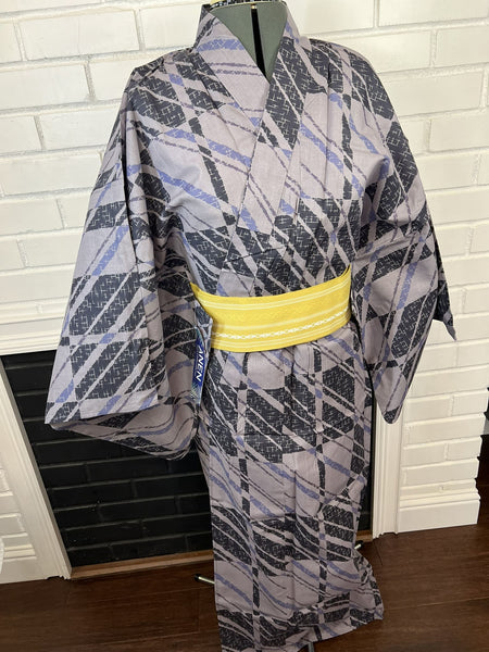 Men's Japanese Yukata 3pc Set: Gray Kasuri Cotton Kimono with Mustard Obi