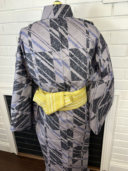 Men's Japanese Yukata 3pc Set: Gray Kasuri Cotton Kimono with Mustard Obi