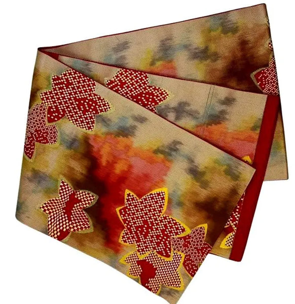 Vintage Japanese Fukuro Obi – Autumn Maple Leaf Design, Red & Gold Silk Kimono Belt