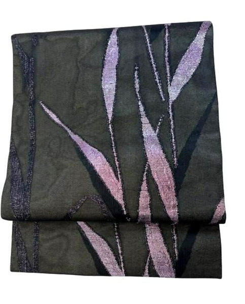 Vintage Japanese Nagoya Obi – Black Silk Kimono Sash with Shimmering Purple Lame Leaf Design