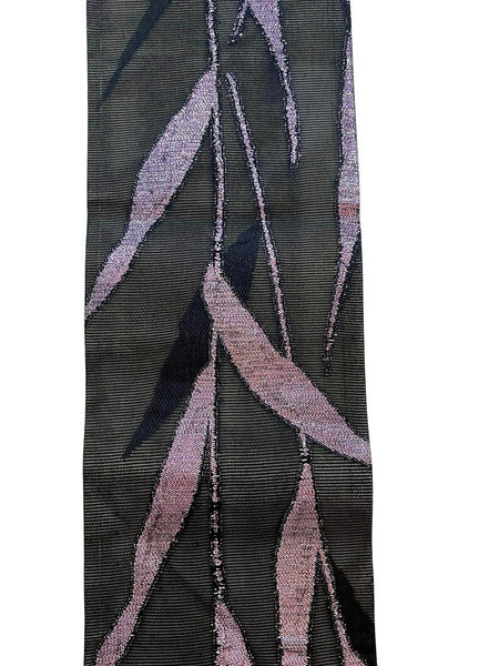 Vintage Japanese Nagoya Obi – Black Silk Kimono Sash with Shimmering Purple Lame Leaf Design