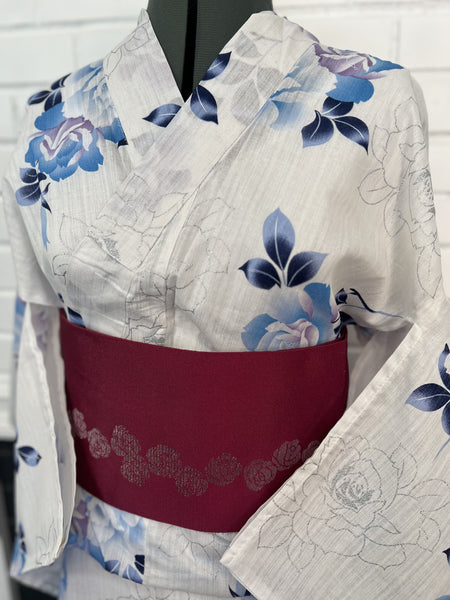 Floral Yukata & Obi Set: Japanese Cotton Kimono with Glitter Roses
