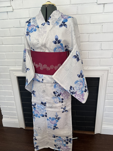 Floral Yukata & Obi Set: Japanese Cotton Kimono with Glitter Roses