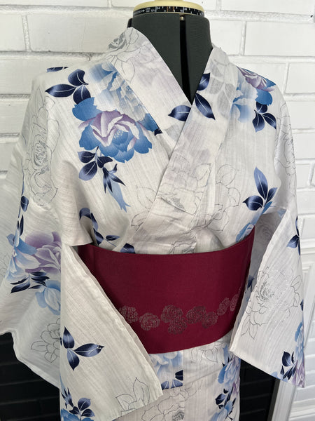 Floral Yukata & Obi Set: Japanese Cotton Kimono with Glitter Roses