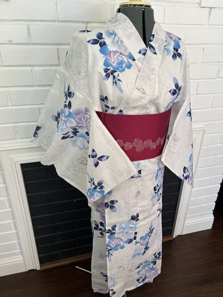 Floral Yukata & Obi Set: Japanese Cotton Kimono with Glitter Roses