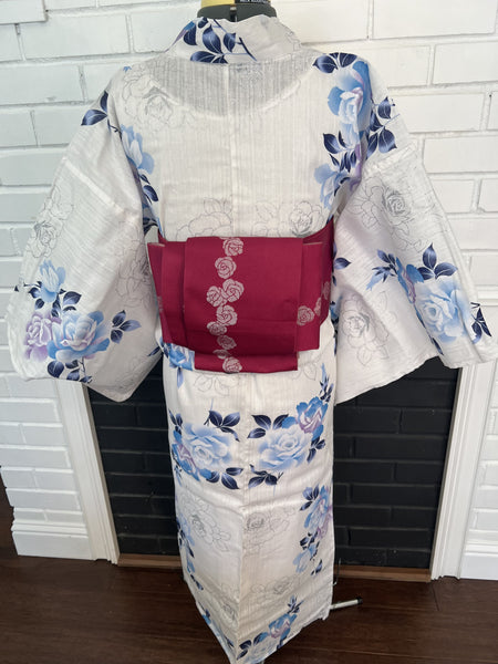 Floral Yukata & Obi Set: Japanese Cotton Kimono with Glitter Roses