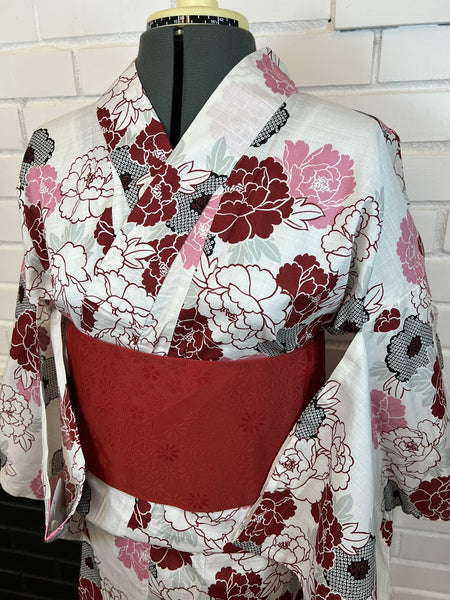 Peony Yukata & Obi Set: Japanese Cotton Kimono (Size M-L)