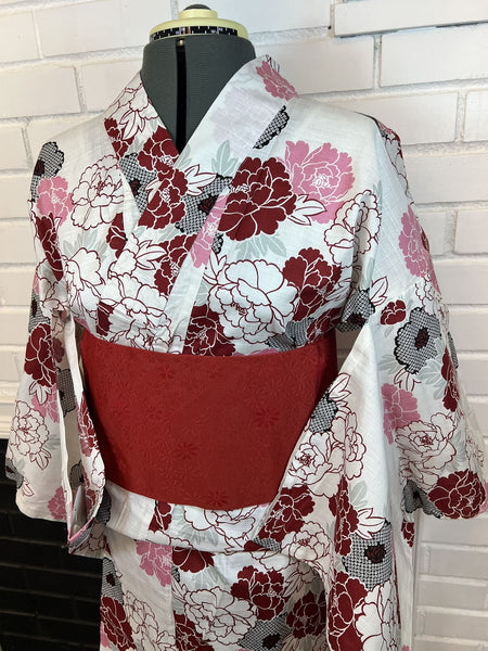 Peony Yukata & Obi Set: Japanese Cotton Kimono (Size M-L)