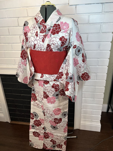 Peony Yukata & Obi Set: Japanese Cotton Kimono (Size M-L)
