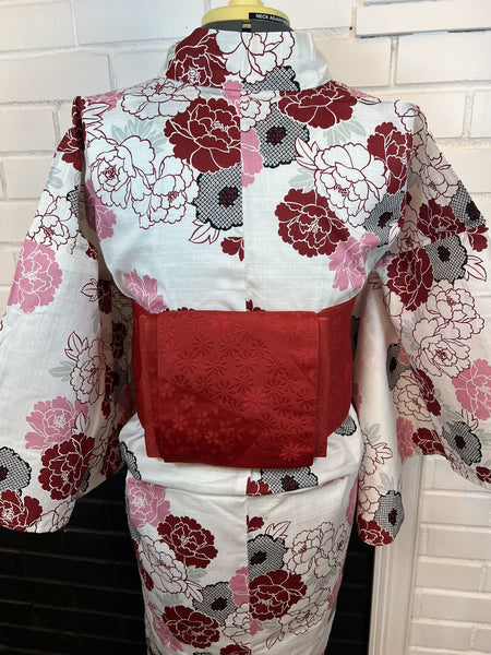 Peony Yukata & Obi Set: Japanese Cotton Kimono (Size M-L)
