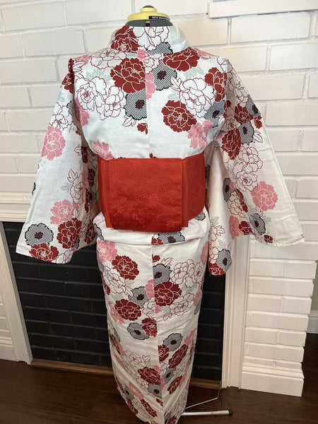 Peony Yukata & Obi Set: Japanese Cotton Kimono (Size M-L)
