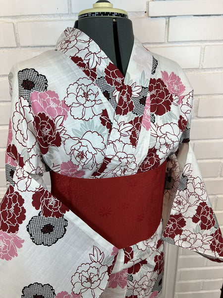 Peony Yukata & Obi Set: Japanese Cotton Kimono (Size M-L)