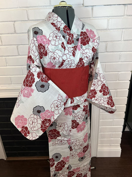 Peony Yukata & Obi Set: Japanese Cotton Kimono (Size M-L)