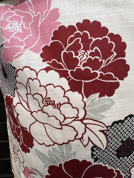 Peony Yukata & Obi Set: Japanese Cotton Kimono (Size M-L)