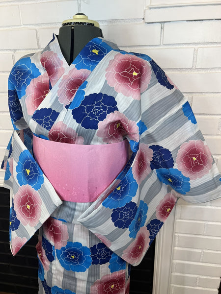 Peony Yukata & Obi Set: Japanese Cotton Kimono (Size M-L)