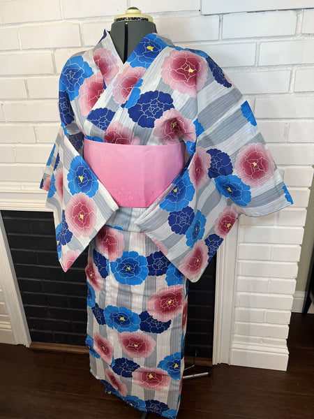Peony Yukata & Obi Set: Japanese Cotton Kimono (Size M-L)