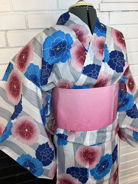 Peony Yukata & Obi Set: Japanese Cotton Kimono (Size M-L)