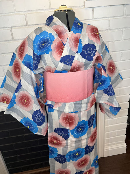 Peony Yukata & Obi Set: Japanese Cotton Kimono (Size M-L)