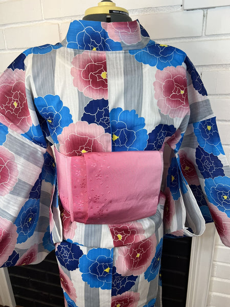 Peony Yukata & Obi Set: Japanese Cotton Kimono (Size M-L)