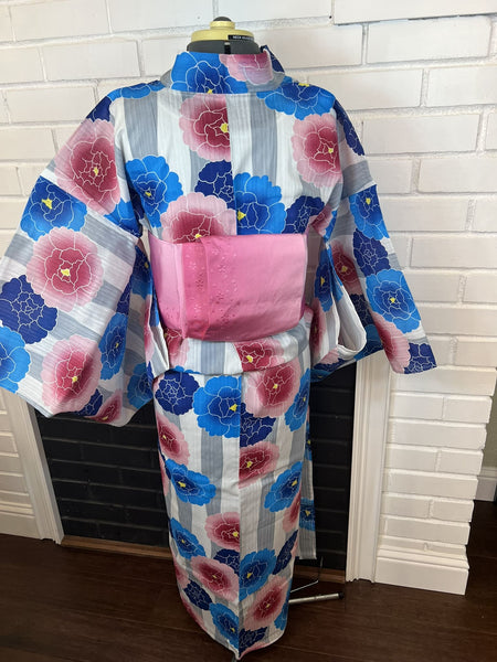 Peony Yukata & Obi Set: Japanese Cotton Kimono (Size M-L)