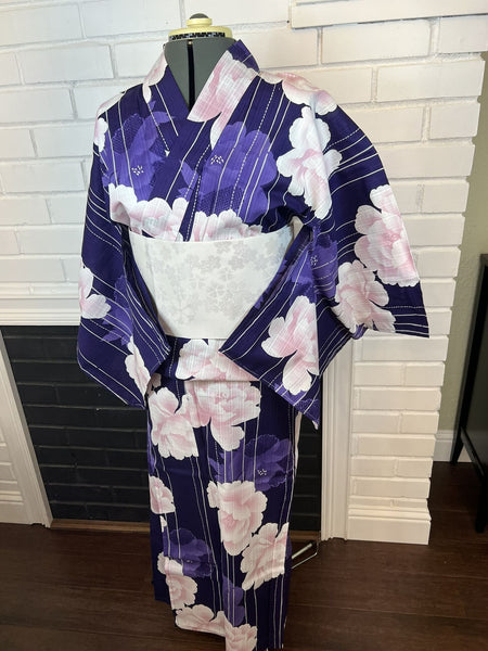 YUKATA and OBI 2 pc set, Size: M, Purple Floral Yukata & White Obi Set / Japanese Traditional Women's Yukata and Han-haba Obi