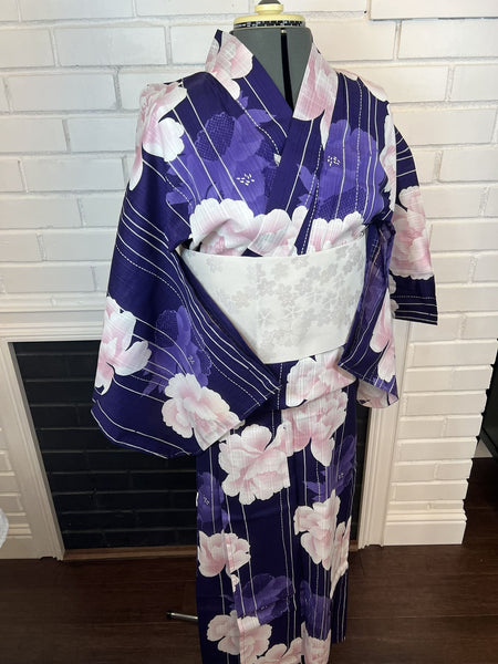 YUKATA and OBI 2 pc set, Size: M, Purple Floral Yukata & White Obi Set / Japanese Traditional Women's Yukata and Han-haba Obi