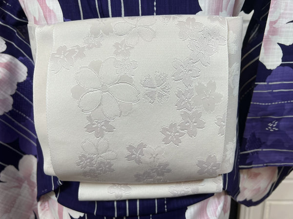YUKATA and OBI 2 pc set, Size: M, Purple Floral Yukata & White Obi Set / Japanese Traditional Women's Yukata and Han-haba Obi