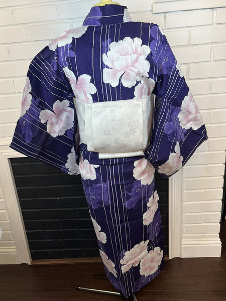 YUKATA and OBI 2 pc set, Size: M, Purple Floral Yukata & White Obi Set / Japanese Traditional Women's Yukata and Han-haba Obi