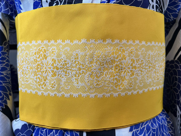Blue Floral Yukata & Yellow Obi Set: Japanese Cotton Kimono (Size M)
