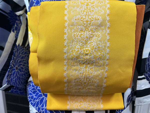 Blue Floral Yukata & Yellow Obi Set: Japanese Cotton Kimono (Size M)