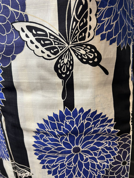 Blue Floral Butterfly Yukata & Orange Obi Set: Japanese Cotton Kimono (Size M-L)