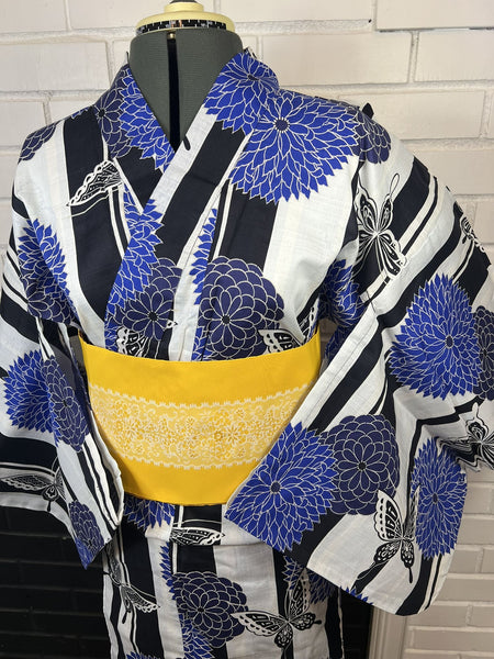 Blue Floral Yukata & Yellow Obi Set: Japanese Cotton Kimono (Size M)