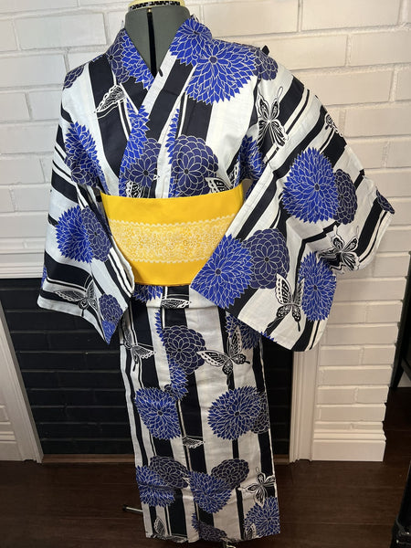 Blue Floral Yukata & Yellow Obi Set: Japanese Cotton Kimono (Size M)