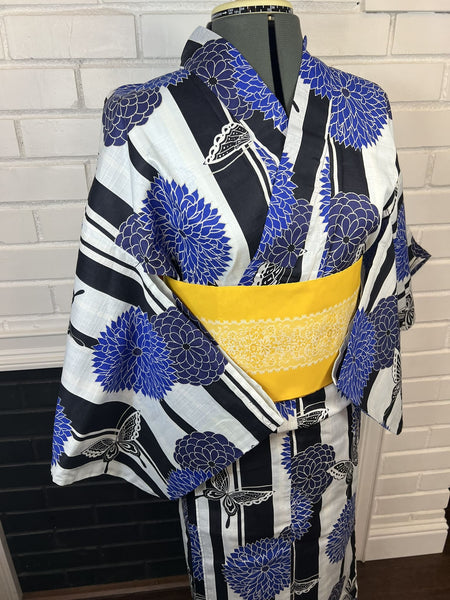 Blue Floral Yukata & Yellow Obi Set: Japanese Cotton Kimono (Size M)