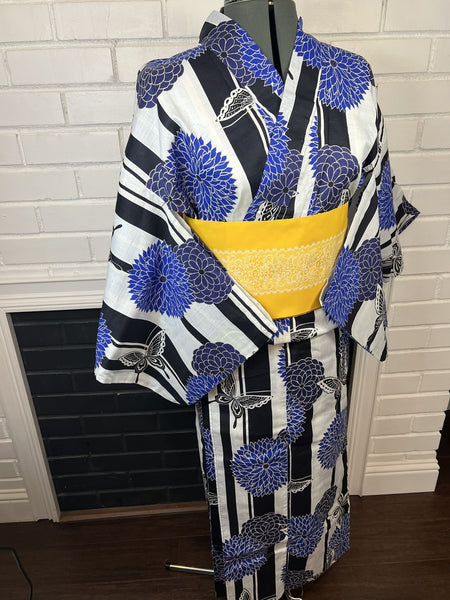 Blue Floral Yukata & Yellow Obi Set: Japanese Cotton Kimono (Size M)