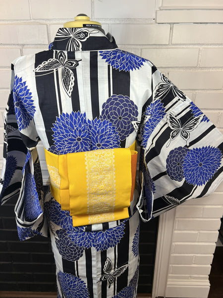 Blue Floral Yukata & Yellow Obi Set: Japanese Cotton Kimono (Size M)