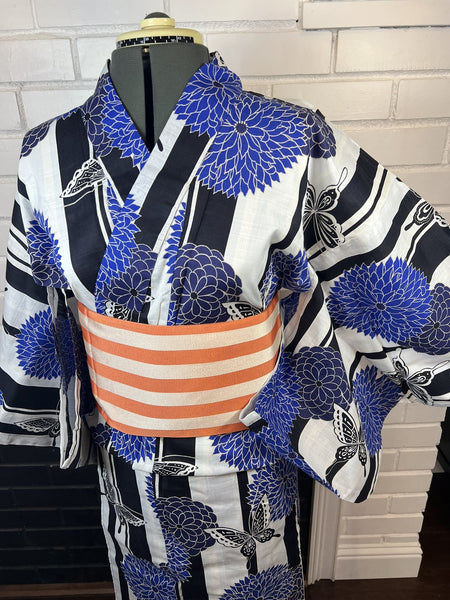 Blue Floral Butterfly Yukata & Orange Obi Set: Japanese Cotton Kimono (Size M-L)