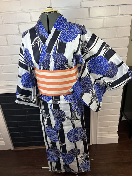 Blue Floral Butterfly Yukata & Orange Obi Set: Japanese Cotton Kimono (Size M-L)