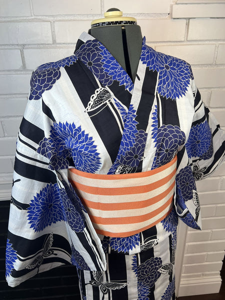 Blue Floral Butterfly Yukata & Orange Obi Set: Japanese Cotton Kimono (Size M-L)