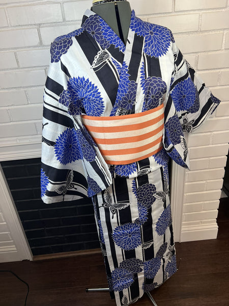 Blue Floral Butterfly Yukata & Orange Obi Set: Japanese Cotton Kimono (Size M-L)