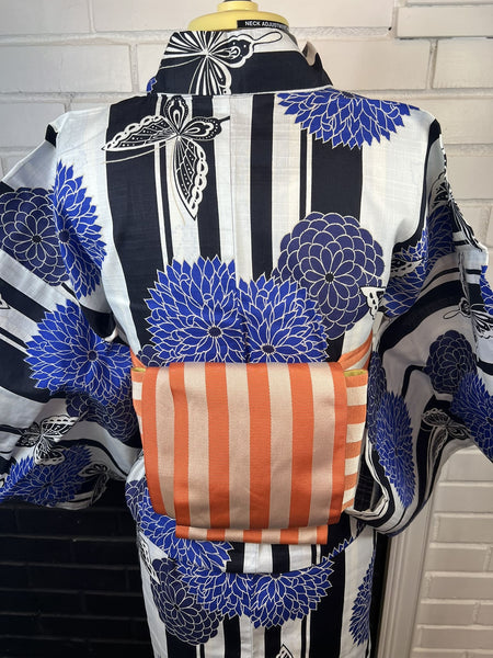 Blue Floral Butterfly Yukata & Orange Obi Set: Japanese Cotton Kimono (Size M-L)