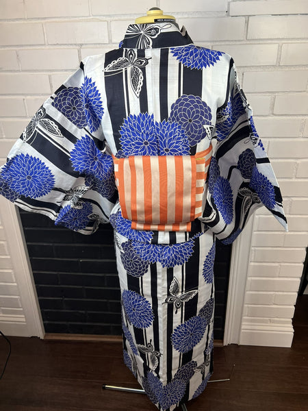Blue Floral Butterfly Yukata & Orange Obi Set: Japanese Cotton Kimono (Size M-L)