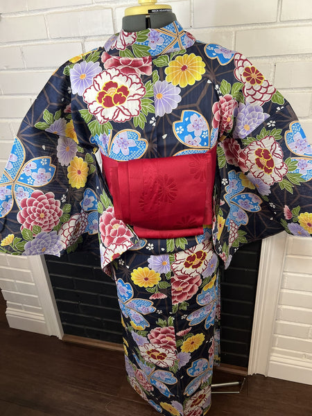YUKATA and OBI 2 pc set, Size: M-L, Black Floral Yukata with Red Sakura Obi Set / Japanese Traditional Women's Yukata and Han-haba Obi