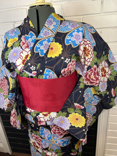 YUKATA and OBI 2 pc set, Size: M-L, Black Floral Yukata with Red Sakura Obi Set / Japanese Traditional Women's Yukata and Han-haba Obi