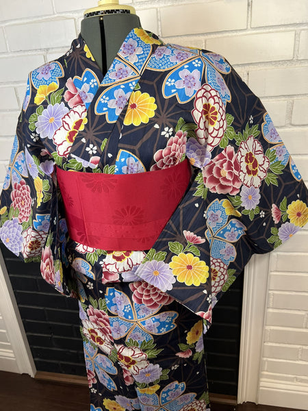YUKATA and OBI 2 pc set, Size: M-L, Black Floral Yukata with Red Sakura Obi Set / Japanese Traditional Women's Yukata and Han-haba Obi